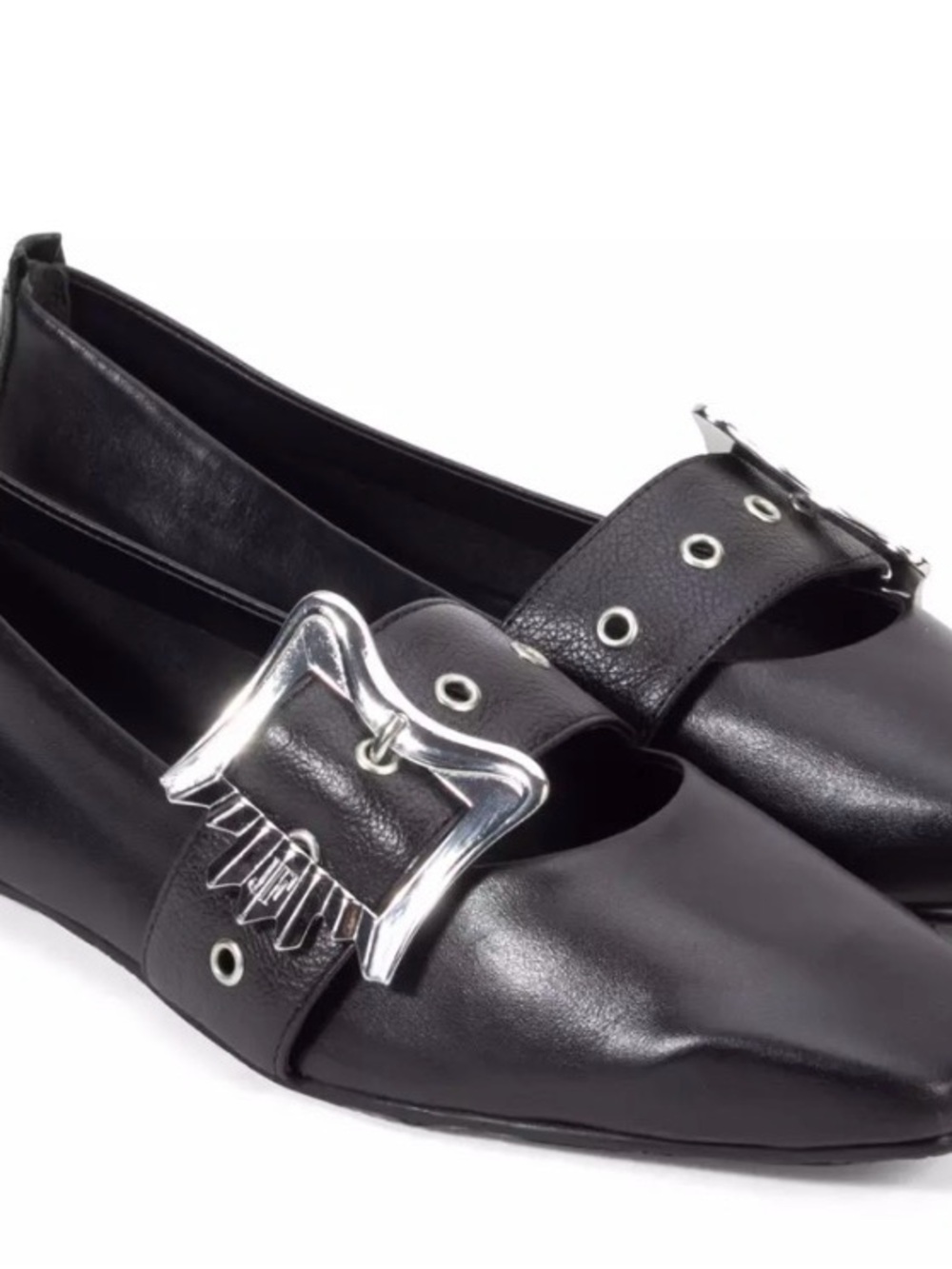 John Fluevog Black Pointed Buckle-Trim Women’s Flats